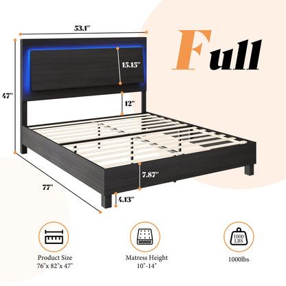 AMERLIFE Rustic Black Full Bed Frame with LED Headboard – Stylish Platform Design, Mattress Foundation with Wooden Slats - WoodArtSupply