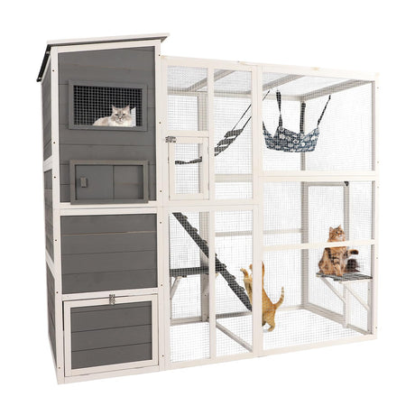 QUYZE Catio Outdoor Cat Enclosure, Large Outdoor Cat House for Mulitiple Cats, 4 Tiers Walk in Catio for Cats Outdoor Patio, 4 Tiers Cat Houses with Weatherproof Roof, Hanging Hammock, Bridge QUYZE
