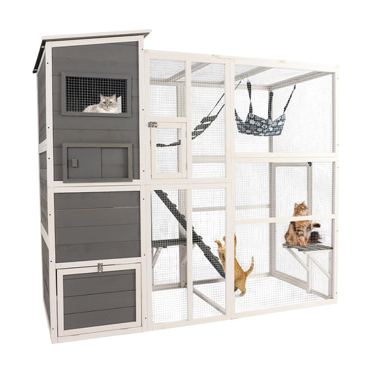 QUYZE Catio Outdoor Cat Enclosure, Large Outdoor Cat House for Mulitiple Cats, 4 Tiers Walk in Catio for Cats Outdoor Patio, 4 Tiers Cat Houses with Weatherproof Roof, Hanging Hammock, Bridge - WoodArtSupply