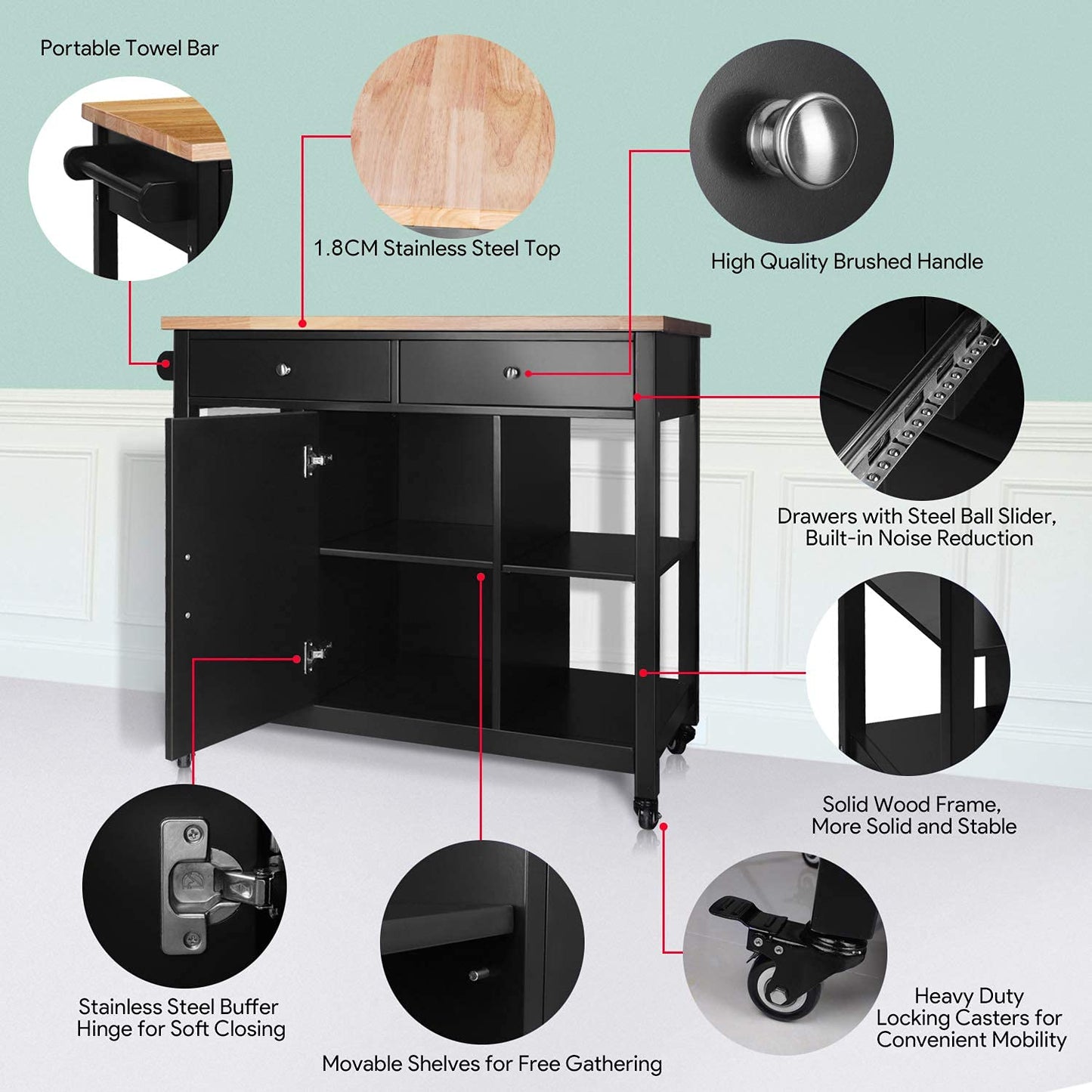 ChooChoo Kitchen Islands on Wheels with Wood Top, Utility Wood Movable Kitchen Cart with Storage and Drawers, Black