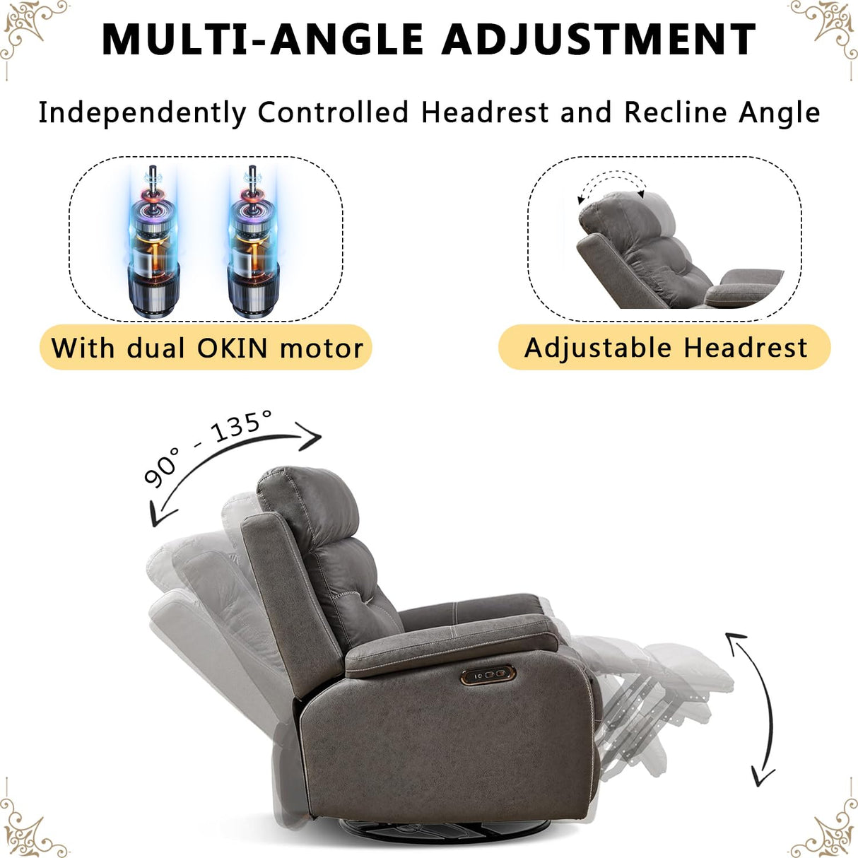 Power Swivel Recliner Chair, 270° Swivel Recliner Glider Rocker for Adults with Dual Motor, One-Key Reset Button, Electrical Adjustable Headrest and USB Ports for Living Room, Grey YiMiYom