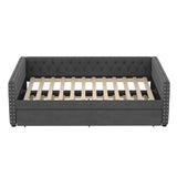 KEIKI Full Size Upholstered Daybed, Tufted Sofa Bed Frame with Trundle, Corner Day Beds Full for Living Room, Bedroom and Guest Room, No Box Spring Needed, Button & Copper Nail on Square Arms, Gray KEIKI