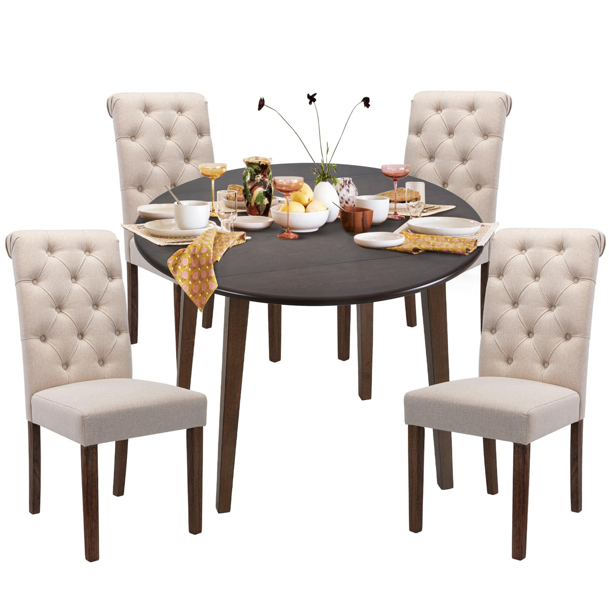 COLAMY 5-Piece Extendable Dining Table Set for 4, 36" Kitchen Round Wood Table with 4 Tufted Dining Room Chairs, Light Brown/Beige COLAMY