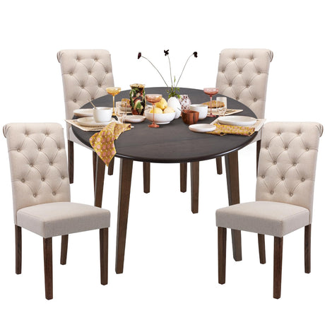 COLAMY 5-Piece Extendable Dining Table Set for 4, 36" Kitchen Round Wood Table with 4 Tufted Dining Room Chairs, Light Brown/Beige COLAMY