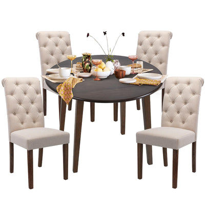 COLAMY 5-Piece Extendable Dining Table Set for 4, 36" Kitchen Round Wood Table with 4 Tufted Dining Room Chairs, Light Brown/Beige