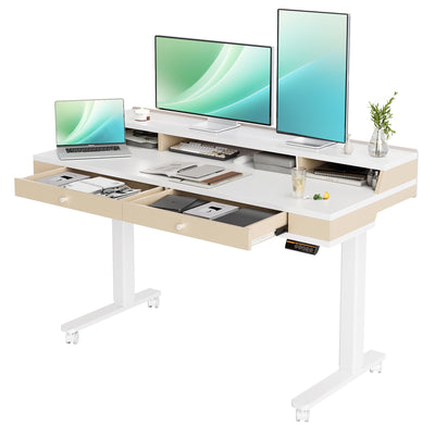 Claiks Standing Desk with Drawers, Electric Adjustable Standing Desk Adjustable Height, Sit Stand Up Desk with Storage Shelves & Wheels, 55 Inch White