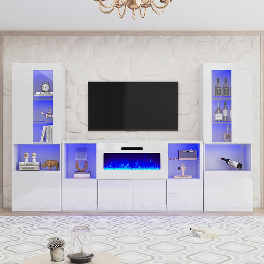 AMERLIFE 3 Piece Modern High Gloss Fireplace TV Stand + Bookcase Set for Living Room includes 68" TV Stand with 40" Fireplace, 2 X Bookcase with Doors & 20 Colors LED Lights, White