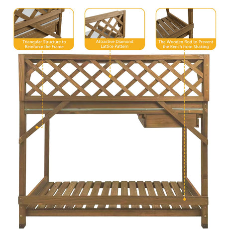 Ketive Garden Potting Bench with Metal Tabletop,Outdoor Potting Table Workstation Benches with Drawer/Storage Shelf，Fir Wood Potting Station Work Table with Open Shelf,Lattice Back(Grey) ketive