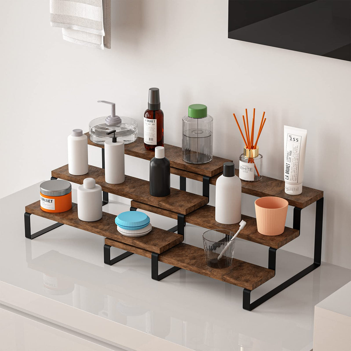 2 Pack 3 Tier Expandable Spice Rack Organizer (13.8” to 26”)Display Riser Stand, Kitchen Cabinet Countertop Pantry Coffee Bar Display Shelf for Spice, Liquor, Perfume, Makeup, Figure, Dolls Collection VOKEEH