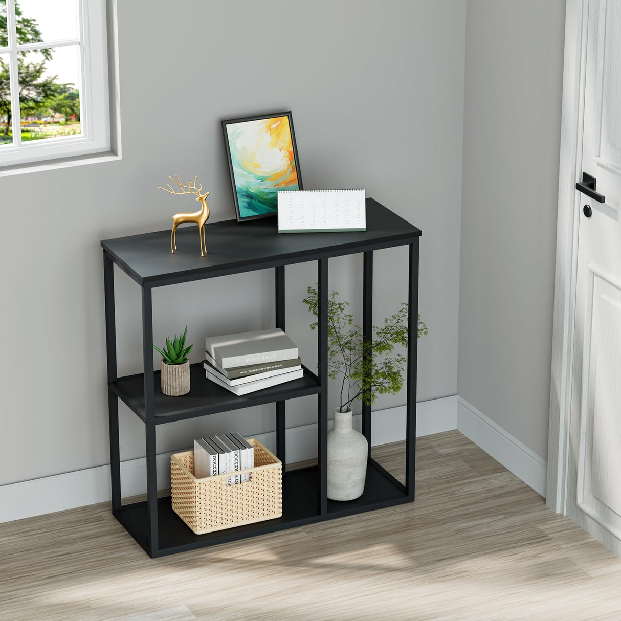 WOHOMO Console Table, 12'' Narrow Entryway Table for Living Room, 31.5'' x 31.5'' Black Industrial Sofa Table with 3-Tier Storage Shelves for Corridor, Hallway, Black WOHOMO