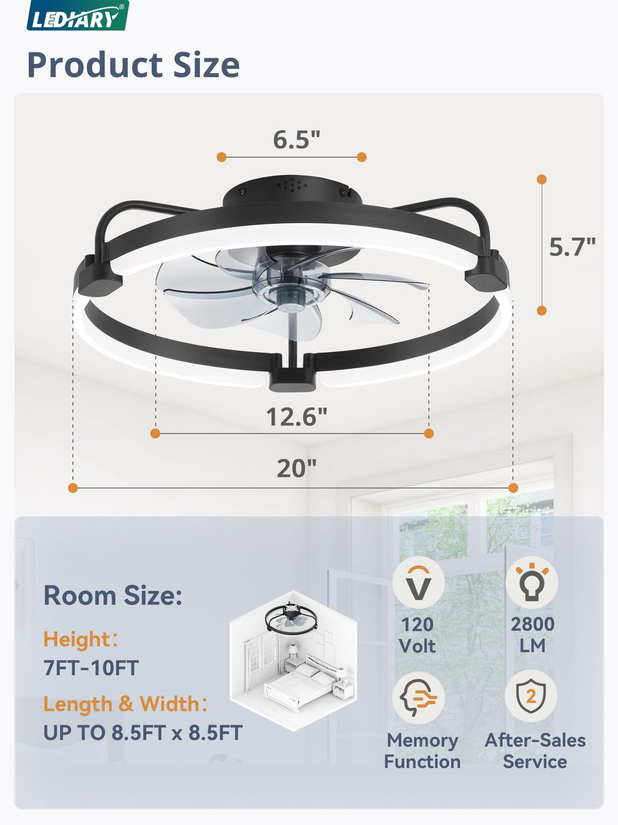 LEDIARY Ceiling Fans with Lights and Remote, 20'' Low Profile Ceiling Fan with Light, 3000-6000K Dimmable Fandelier LED Fan Light, 6 Wind Speeds, Black Modern Flush Mount Ceiling Fan for Bedroom LEDIARY