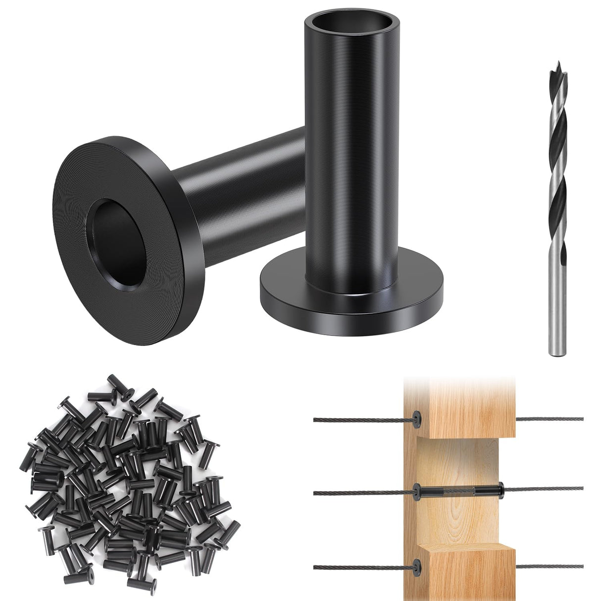 Steel DN Mate 100 Pack Stainless Steel Protector Sleeves for 1/8”, 5/32", 3/16" Wire Rope Cable, Black Cable Railing Kit Hardware for Wood Post, T316 Marine Grade DB11 Steel DN Mate