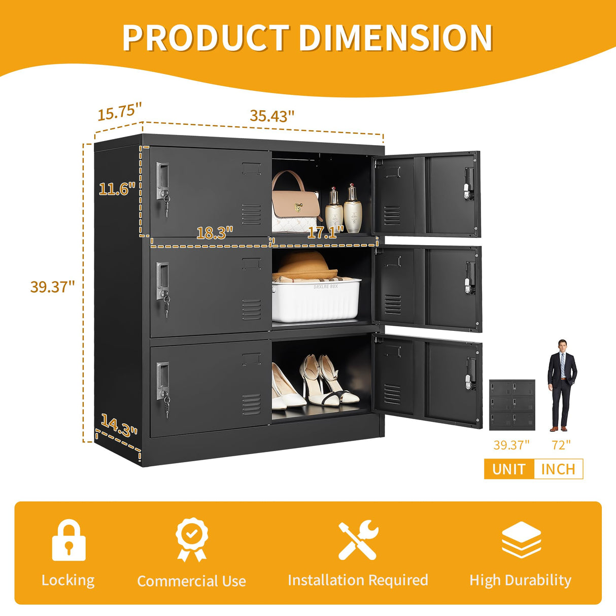 VIYET Employee Storage Locker,6 Door Storage Locker，Metal Locker for Employees Office Steel Gym Lockers with Card Slot Office Storage Lockers for Home,School(Black) VIYET