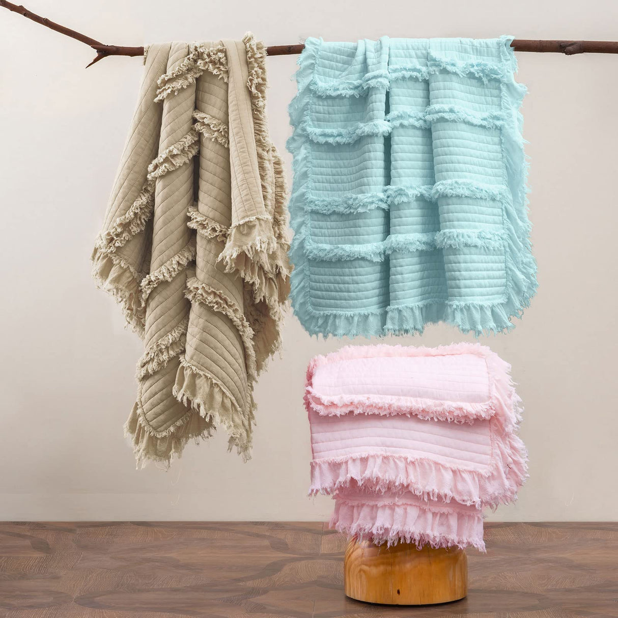 Ultra Soft Pre-Washed Quilted Boho Throw Blanket, Ruffle Fringed Beige Decorative Throw, Stone Washed Chic Rustic Blanket for Sofa Couch Bed Chair, 50"x 60" HORIMOTE HOME