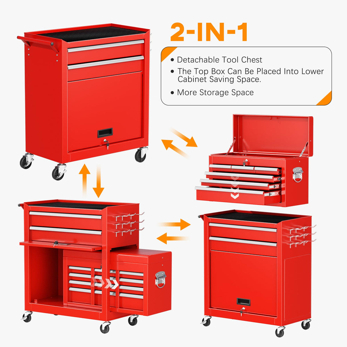 INTERGREAT Tool Chest Cabinet,8-Drawer Rolling Tool Chest with Detachable Top Tool Box, Tool Chest with Universal Lockable Wheels, Metal Tool Cart for Garage, Workshop, Barbershop(Red) INTERGREAT
