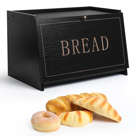 DECOCIAGA Bread Box for Kitchen Countertop, Large Capacity Bread Storage Container for Homemade Bread, Wooden Bread Holder Bread Bin for Kitchen Counter Corner, Cabinet, Pantry, Cupboard (Black) DECOCIAGA