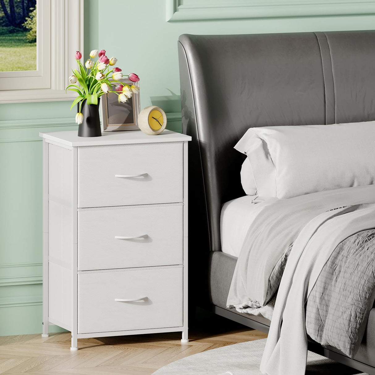 Somdot Dresser for Bedroom with 3 Drawers, Storage Organizer Chest of Drawers with Removable Fabric Bins for Closet Bedside Living Room Laundry Entryway Hallway, White Leather Somdot