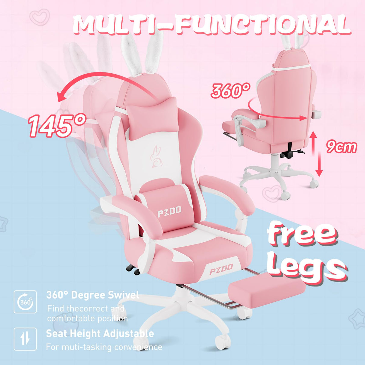 PZDO Pink Gaming Chair, High Back Kawaii Gaming Chair with Footrest & Bunny Ear and Wide Soft Cushion, Gamer Chair Computer Chair for Adults Girls Women, Reclining Chair, Gift, Pink-White PZDO