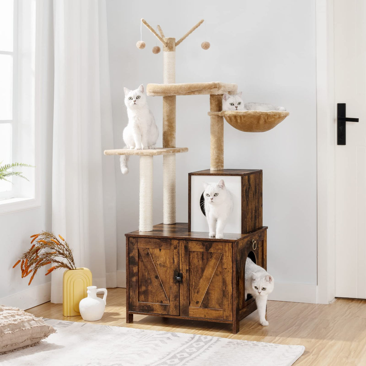 HOOBRO Cat Tree with Litter Box Enclosure for Indoor Cats, Wooden Cat Condo with Scratching Posts, Cat Litter Box Furniture Hidden, All-in-One Cat Toy with Cat House, Rustic Brown FG15MZ03 HOOBRO