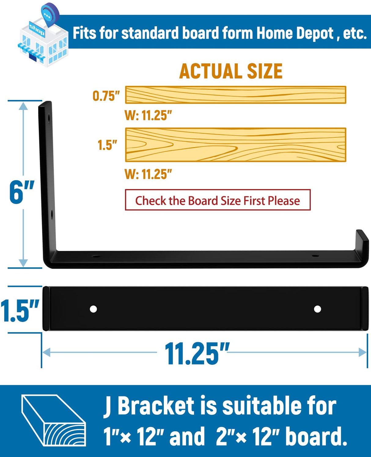 LEOPO 12 inch Shelf Bracket for DIY Floating Shelf, 1/5 inch Thick Heavy Duty Bracket, 6 Pack, 11.25” x 6” x 1.5” LEOPO