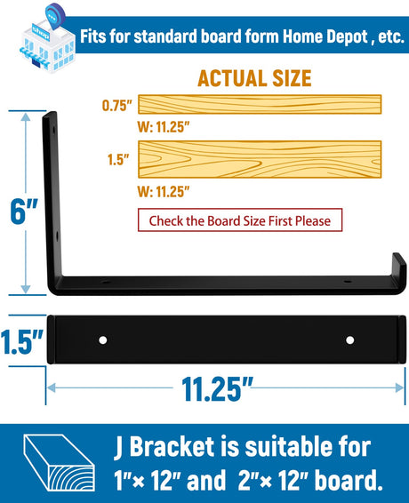 LEOPO 12 inch Shelf Bracket for DIY Floating Shelf, 1/5 inch Thick Heavy Duty Bracket, 6 Pack, 11.25” x 6” x 1.5” LEOPO