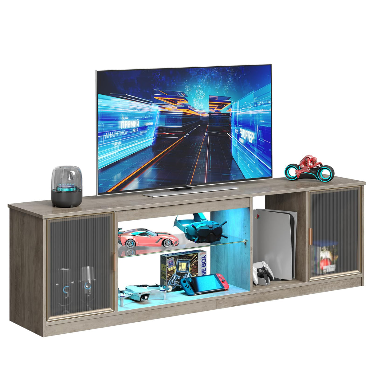 Bestier LED 70 inch TV Stand for 80 inch TV, Modern Entertainment Center with Storage Cabinet for PS5, TV Console for Living Room Bedroom, Adjustable Glass Shelf & Acrylic Doors, Grey Bestier