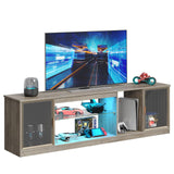 Bestier LED 70 inch TV Stand for 80 inch TV, Modern Entertainment Center with Storage Cabinet for PS5, TV Console for Living Room Bedroom, Adjustable Glass Shelf & Acrylic Doors, Grey Bestier