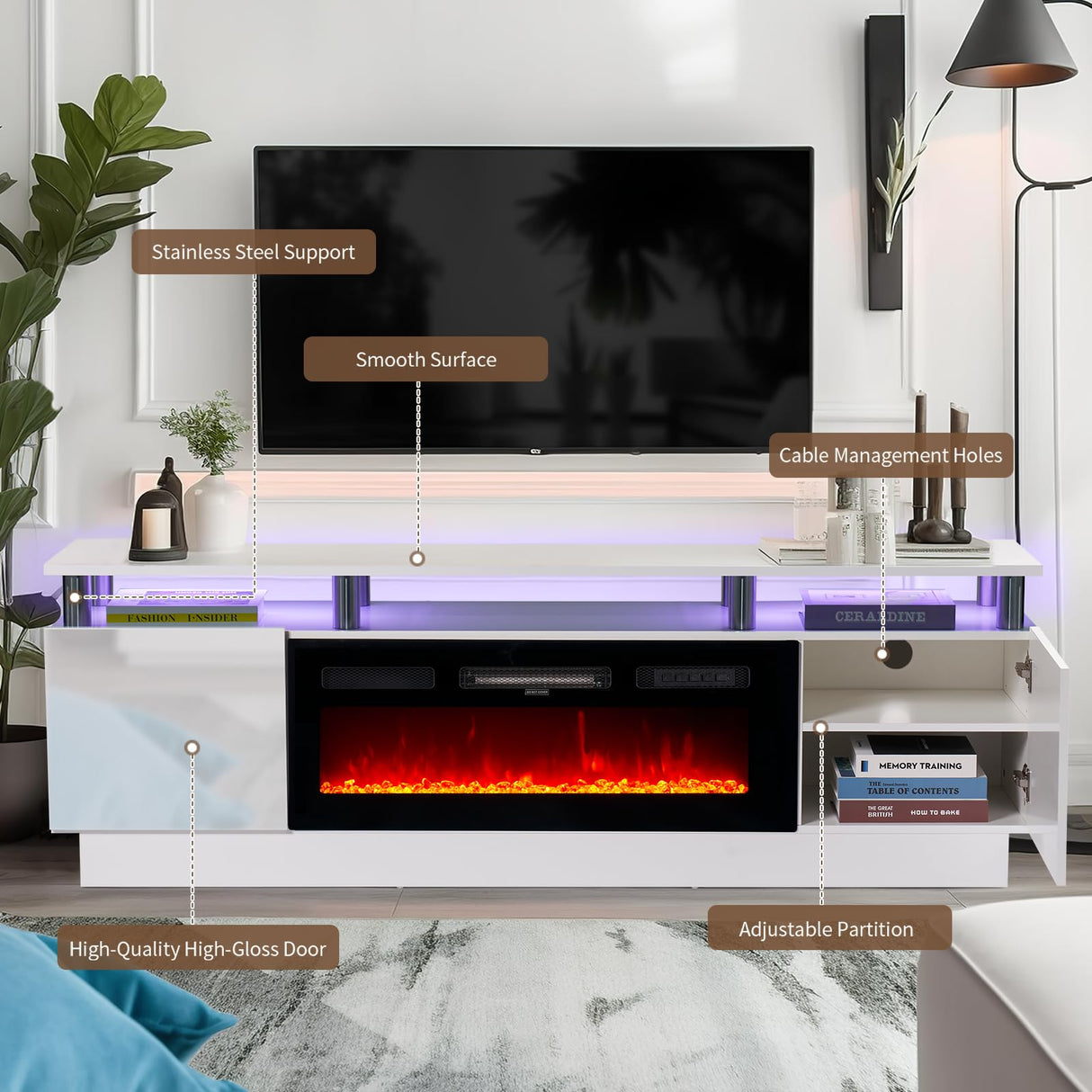 oneinmil Fireplace TV Stand with 36" Electric Fireplace,LED Light Entertainment Center,2 Tier TV Console Stand for TVs Up to 80",Fireplace for The Living Room TV Stand,White oneinmil