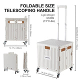 Foldable Utility Cart Folding Portable Rolling Crate Handcart with Durable Heavy Duty Plastic Telescoping Handle Collapsible 4 Rotate Wheels for Travel,Shopping, Luggage, Office, Teacher(White) MACOPRO