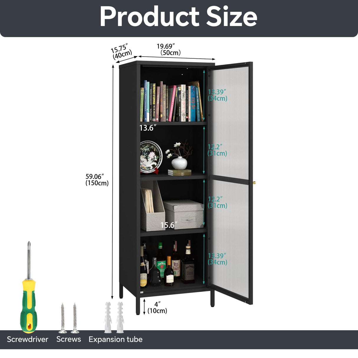 MIOCASA Metal Storage Cabinet with Glass Door, Steel File Cabinet with 3 Shelves 59.06-inch high for School, Bedroom, Home Office, Gym and Changing Room - Black MIOCASA