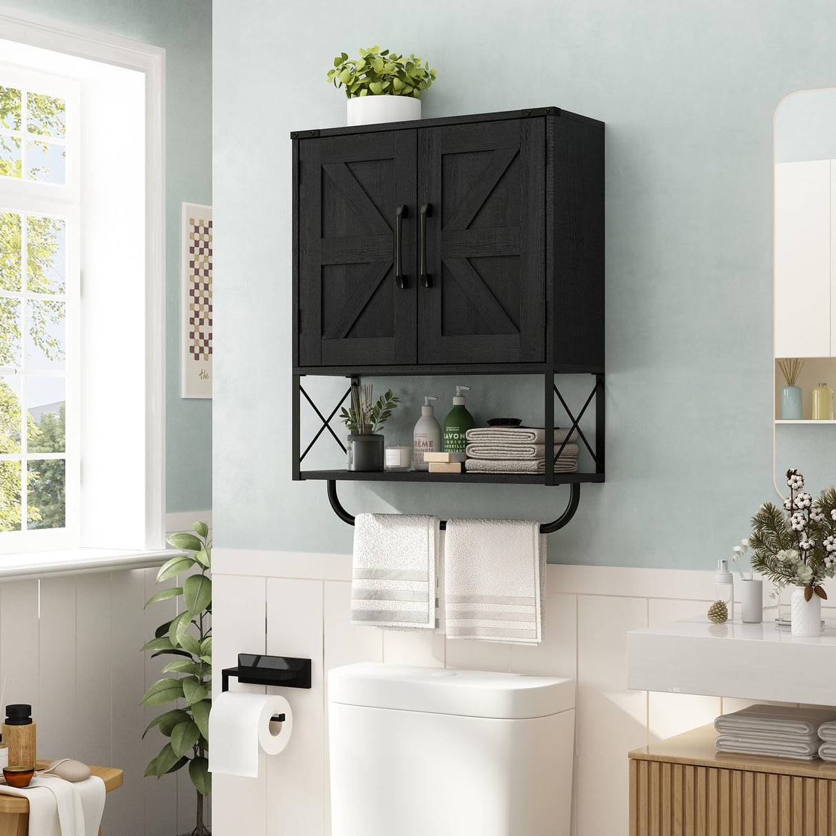 RUSTOWN Farmhouse Medicine Cabinet with 2 Barn Door, Wood Wall Mounted Storage Cabinet with Adjustable Shelf and Towel Bar, 3-Tier Bathroom Cabinet for Bathroom, Living Room(Black, Medium) RUSTOWN