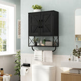 RUSTOWN Farmhouse Medicine Cabinet with 2 Barn Door, Wood Wall Mounted Storage Cabinet with Adjustable Shelf and Towel Bar, 3-Tier Bathroom Cabinet for Bathroom, Living Room(Black, Medium) RUSTOWN