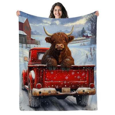 KAFFUL Highland Cow Blanket, Brown Cow in Red Truck, Women's Gift, Winter Snowflakes Farmhouse Decor, 50"x40"
