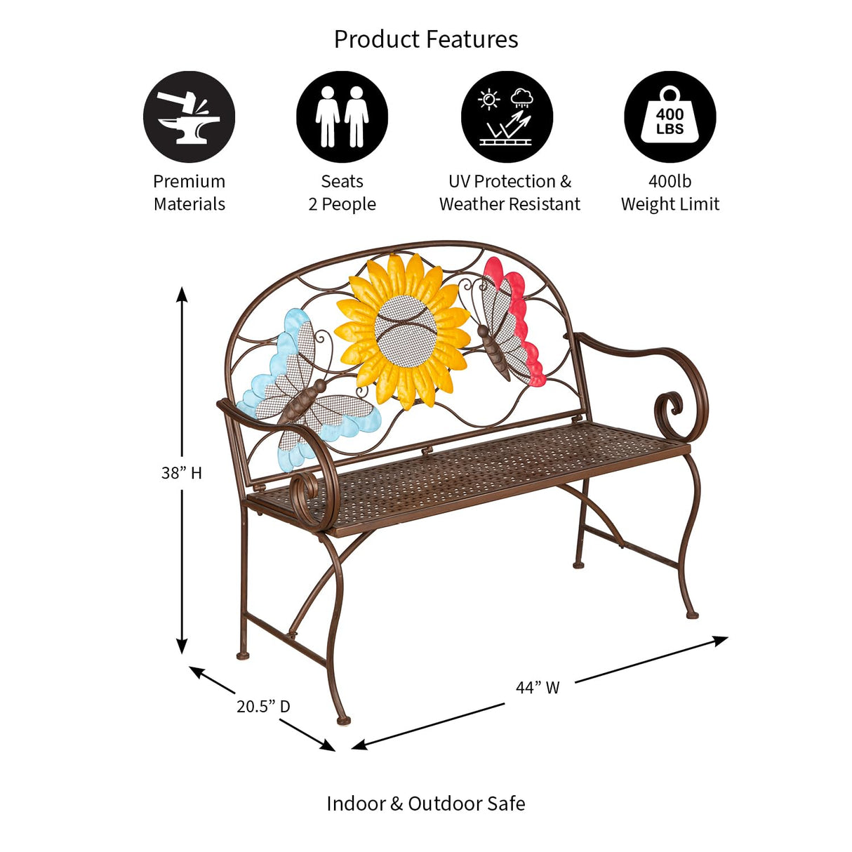 Evergreen Garden Sunflower Garden Bench Outdoors & Indoors | Cast Iron Metal Patio Bench | Outdoor Seating Furniture | Seats for Park, Porch, Deck, Yard Evergreen Garden