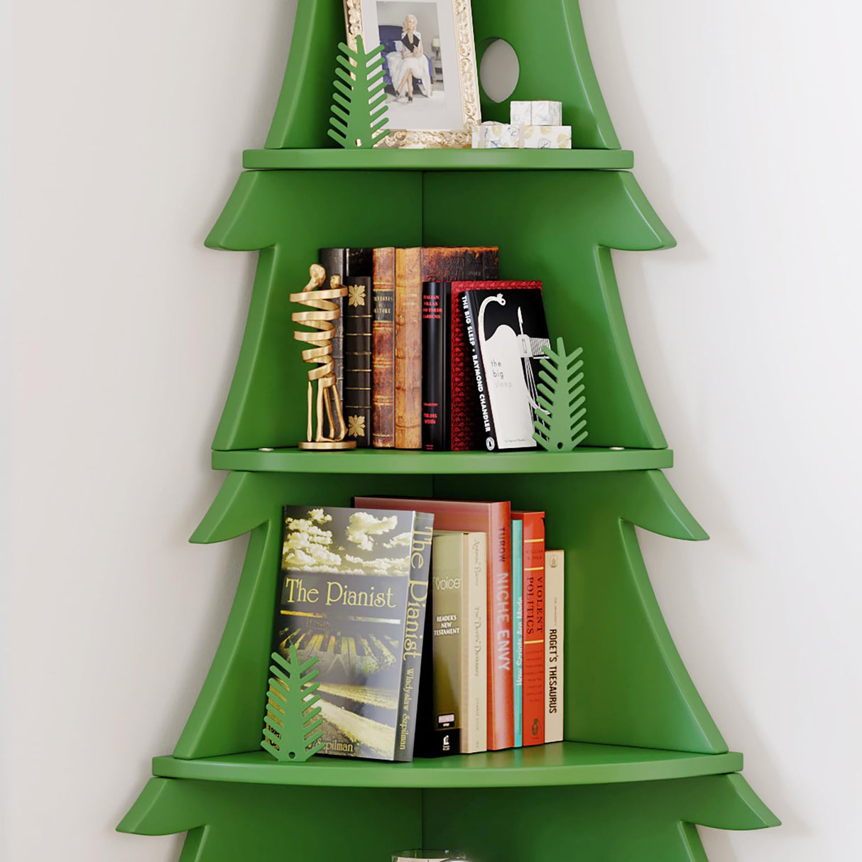 BALANBO Corner Bookshelf Christmas Tree Shape Rubber Wood Corner Bookcase for Study Living Room Bedroom Office Hall H71.1''（Green） BALANBO