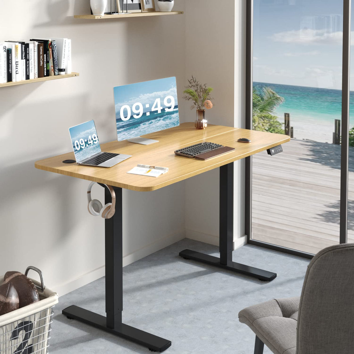 Furmax Electric Height Adjustable Standing Desk Large 48 x 24 Inches Sit Stand up Desk Home Office Computer Desk Memory Preset with T-Shaped Metal Bracket, Maple Furmax