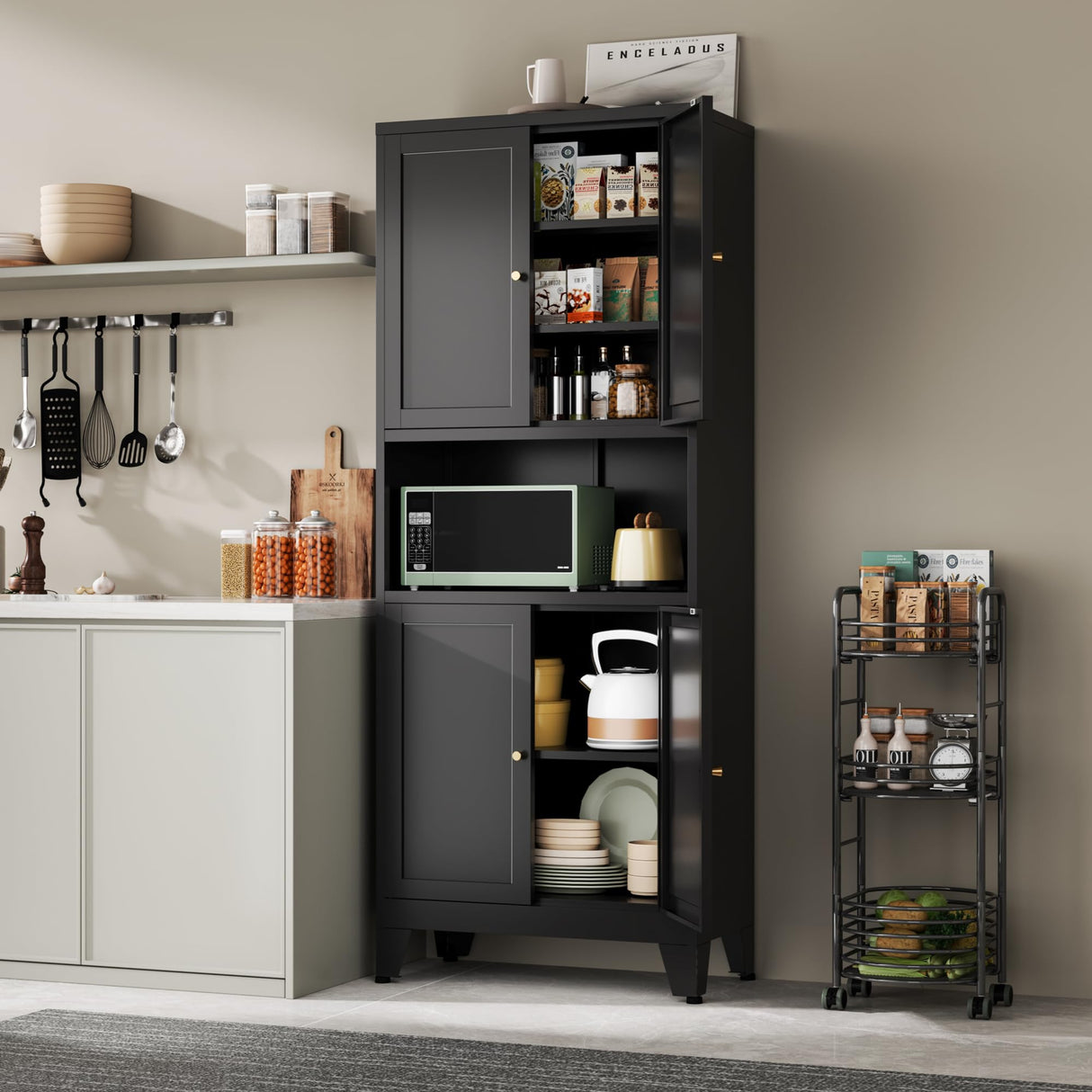 YAUWOH 69''Metal Pantry Storage Cabinet with 4 Doors & 3 Adjustable Shelves,Kitchen Pantry Cabinet with Microwave Shelf,Microwave Stand with Storage for Kicthen,Dining Room,Bathroom Black YAUWOH