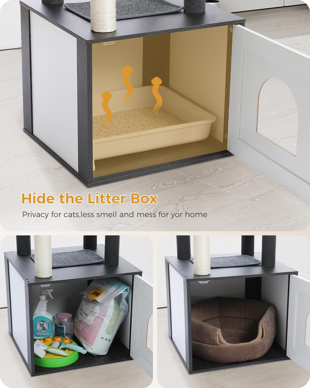 PETEPELA 56.7" Cat Tree with Litter Box Enclosure Large, Wood Cat Tower for Indoor Cats with Storage Cabinet and Cozy Cat Condo, Sisal Covered Scratching Post and Repalcable Dangling Balls, Black PETEPELA