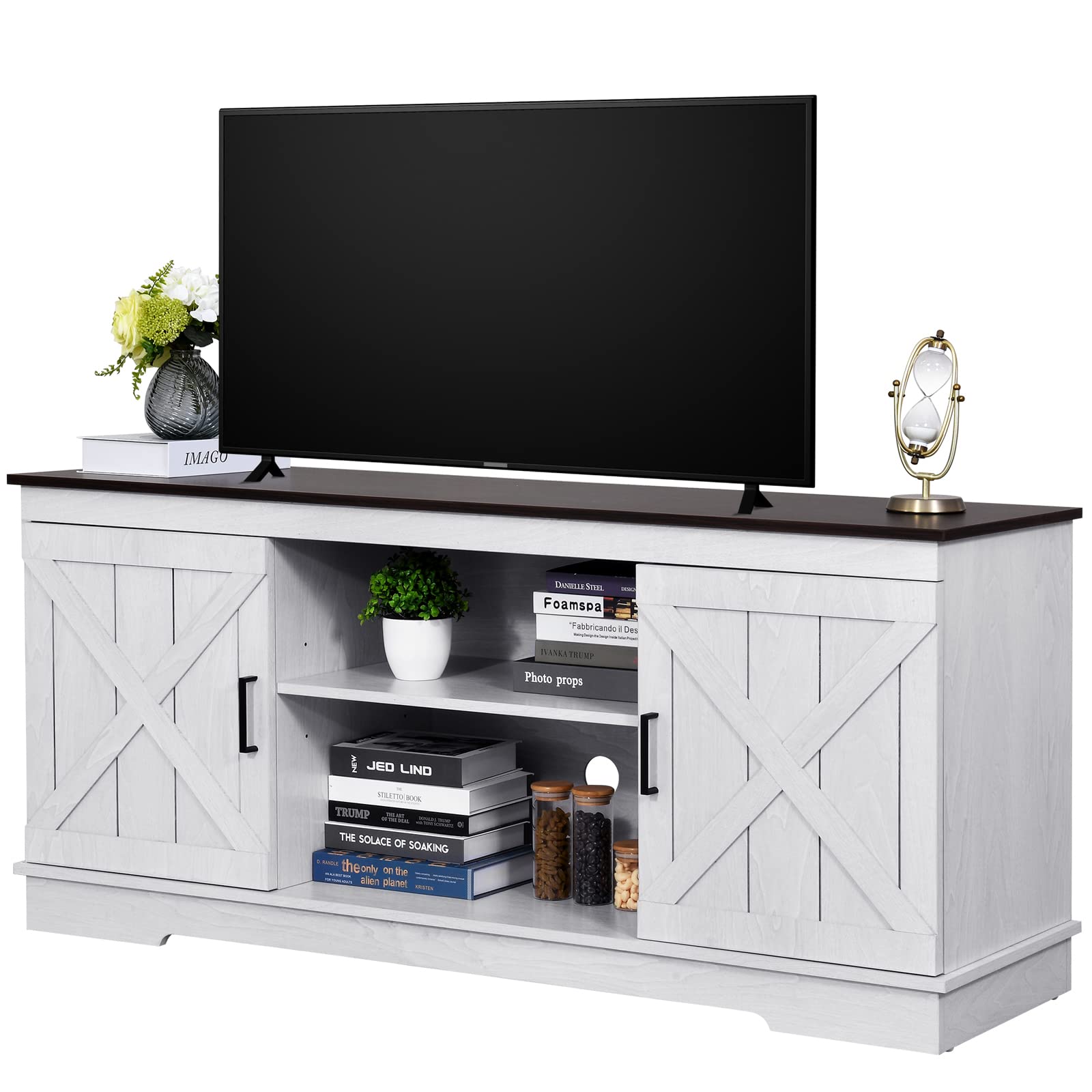 YITAHOME TV Stand for 65 Inch TV, Farmhouse Entertainment Center with Double Barn Doors and Storage Cabinets, Rustic TV Cabinet Media Console Table for Living Room, 59 Inch, Grey White/Espres - WoodArtSupply