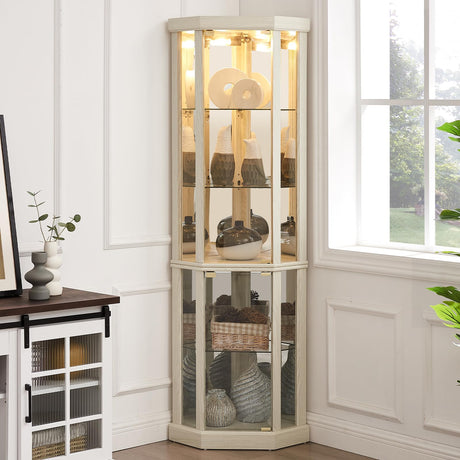 YSJZYBF Lighted Corner Curio Cabinet,Corner Display Cabinet Corner Storage Cabinet with Tempered Glass Doors Mirrored Back Panel Adjustable Shelves,16.46" L X 16.46" W X 69.84" H(Antique White) YSJZYBF