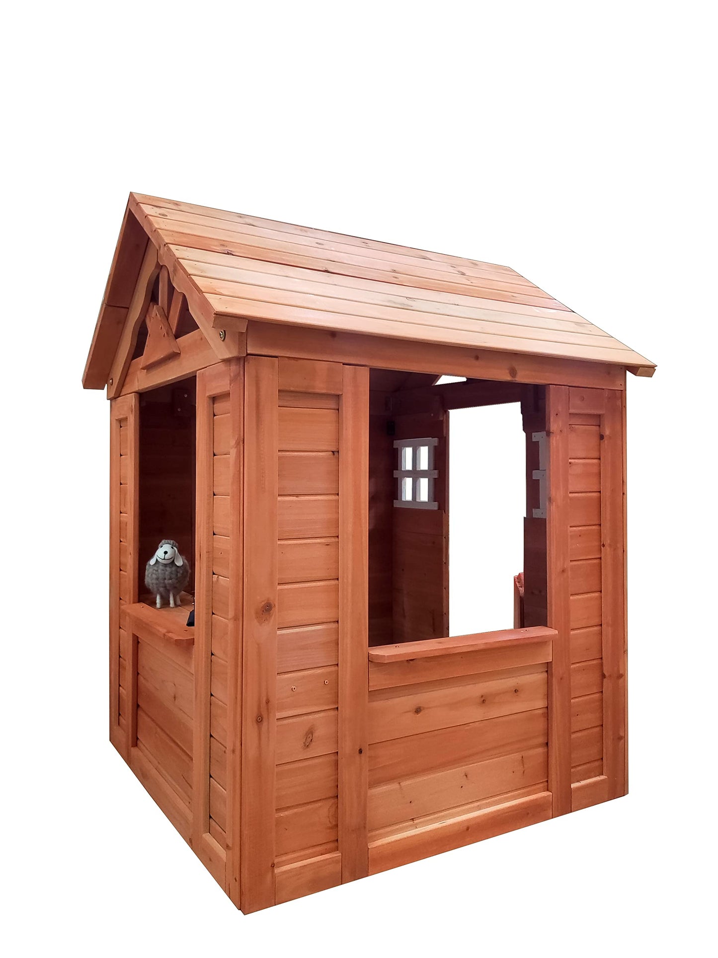 Wooden Playhouse for Age 3-6 Years Boy Girl, Outdoor Cottage Playhouse with Door, 2 Windows, 3 Serving Station, Shelf & Flowerpot Holder, Outdoor