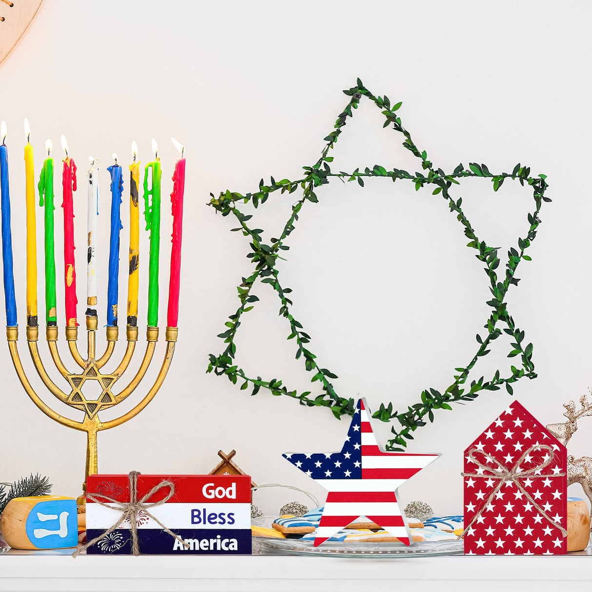 Blulu 5 Pcs Patriotic Table Decor Memorial Day Decorations 4th of July Tiered Tray Decor Wooden Star Sign God Bless America Faux Book Bundle for Independence Labor Day Home Tabletop Bookshelf Blulu