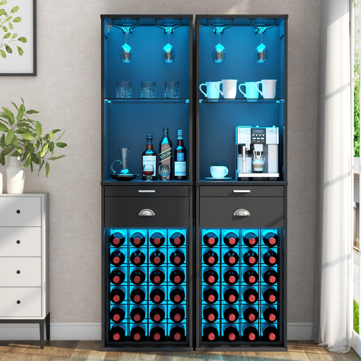 Loomie Wine Bar Cabinet with LED Lights, 65'' Tall Coffee Bar with 24 Wine Rack & Glass Holder, Freestanding Liquor Cabinet with Tray & Drawer & Adjustable Shelf (Black) Loomie