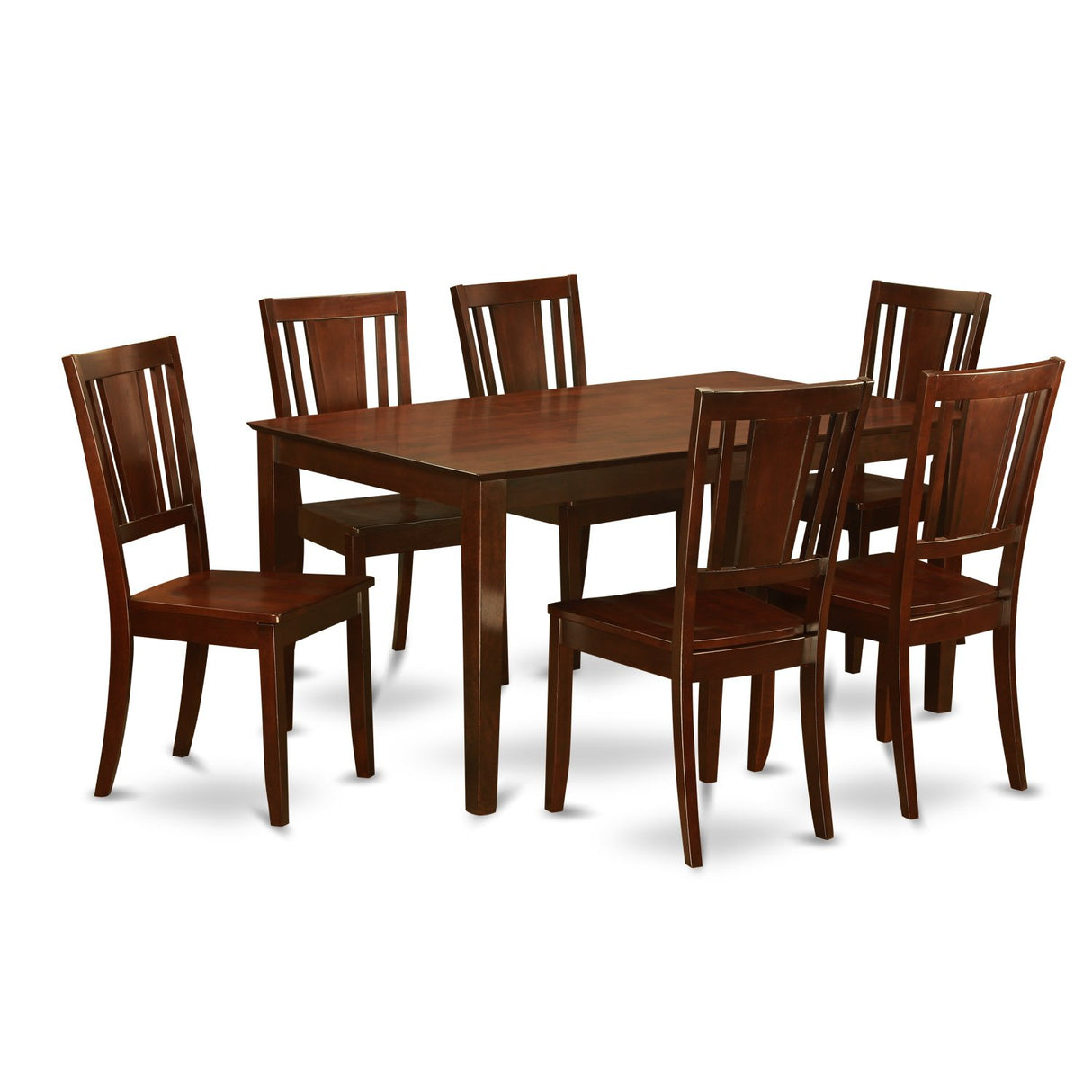 East West Furniture CADU7-MAH-W Capri 7 Piece Set Consist of a Rectangle Dining Room Table and 6 Wooden Seat Chairs, 36x60 Inch, Mahogany East West Furniture