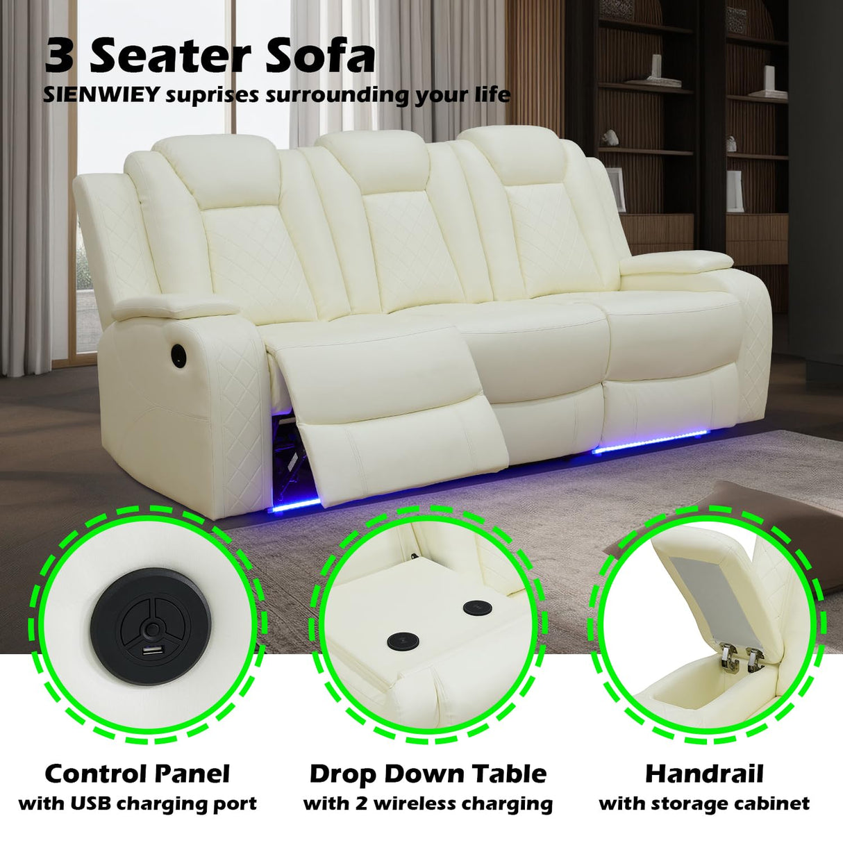 SIENWIEY Power Leather Recliner Set for Living Room, Electric Reclining Sofa and Loveseat Set with LED Lights, White Leather Sofa Set 2 Pieces with 3 Seats Sofa，Double Recliner Loveseat SIENWIEY