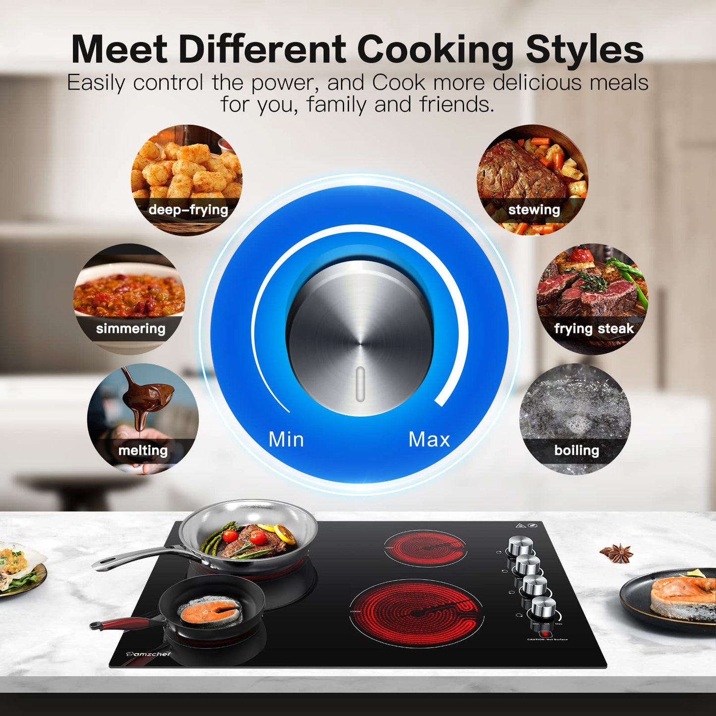 AMZCHEF 30 Inch Built-in Electric Cooktop,7000W and 4 Burners Cooktop with ETL Safety Certified,Knob Control Levels & Hot Surface Indicator