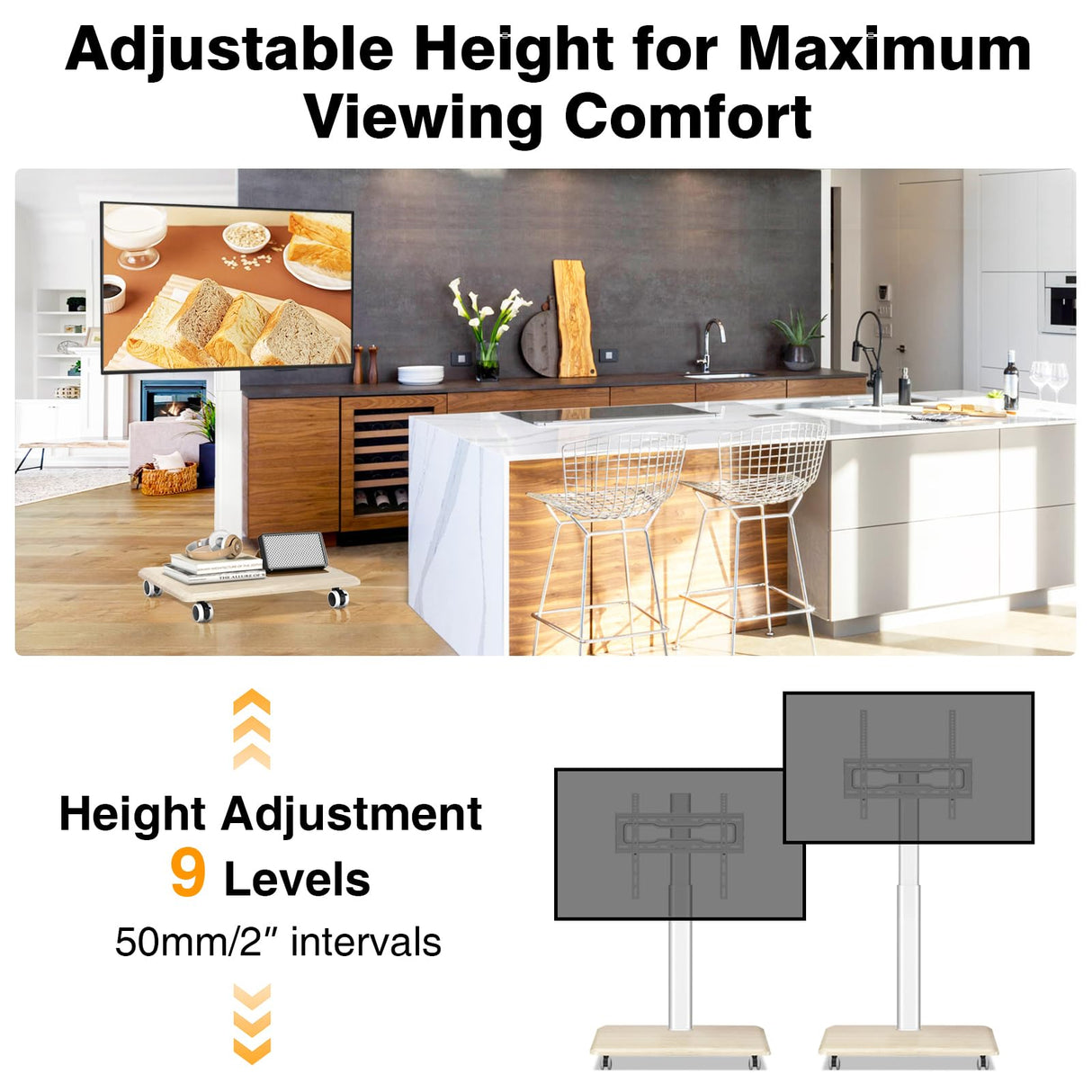 TVON Rolling TV Stand for 32 to 65 70 Inch TVs, Elegant Floor TV Stand with Wheels, Mobile TV Stand with 9 Levels of Height Adjustment for Optimal Viewing, White TV Stands for Living Room, Outdoor TVON