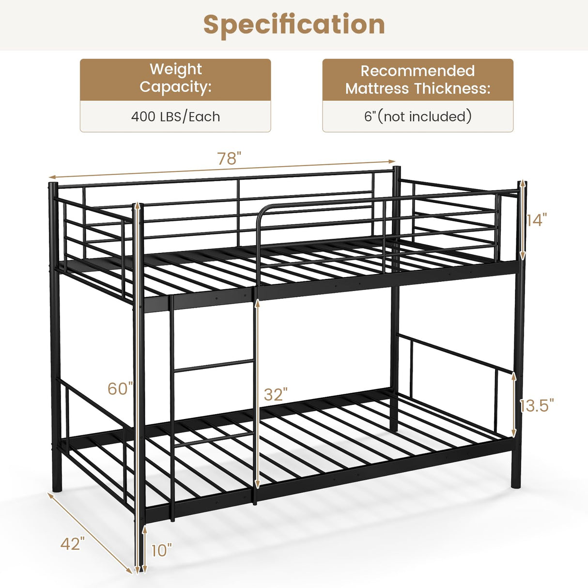 KOMFOTT Metal Twin Over Twin Bunk Bed, Heavy-Duty Metal Bunk Bed Fame with Ladder& Full-Length Guardrails for Kids, Teens & Adults, Space Saving Bunk Bed, No Box Spring Needed KOMFOTT