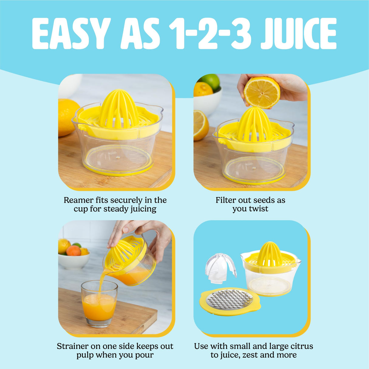 Tasty 4-in-1 Citrus Juicer and Zester, Multifunctional Kitchen Gadget, Dishwasher Safe, 16-Ounce Capacity, 2-Cup, Yellow Tasty