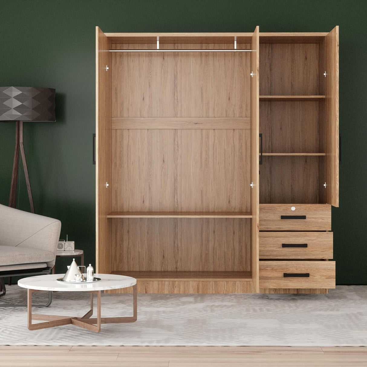Violet Wardrobe Closet 3 Doors and 3 Drawers (Natural Oak) Woodpeckers Furniture And Mattress
